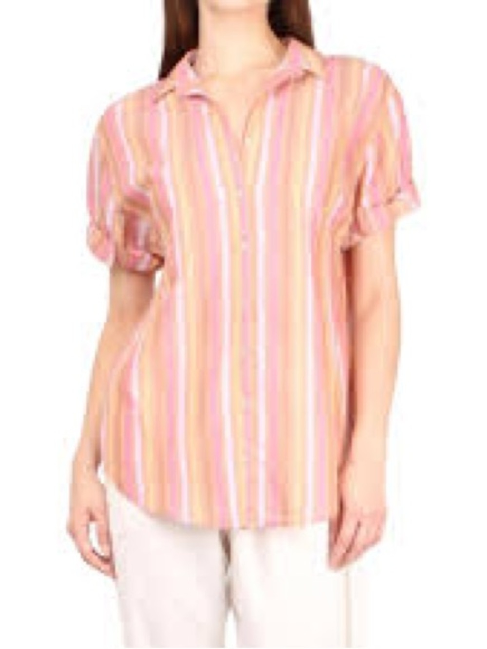 XiRENA Peach, Pink & White Striped Short-Sleeve Button-Front Blouse